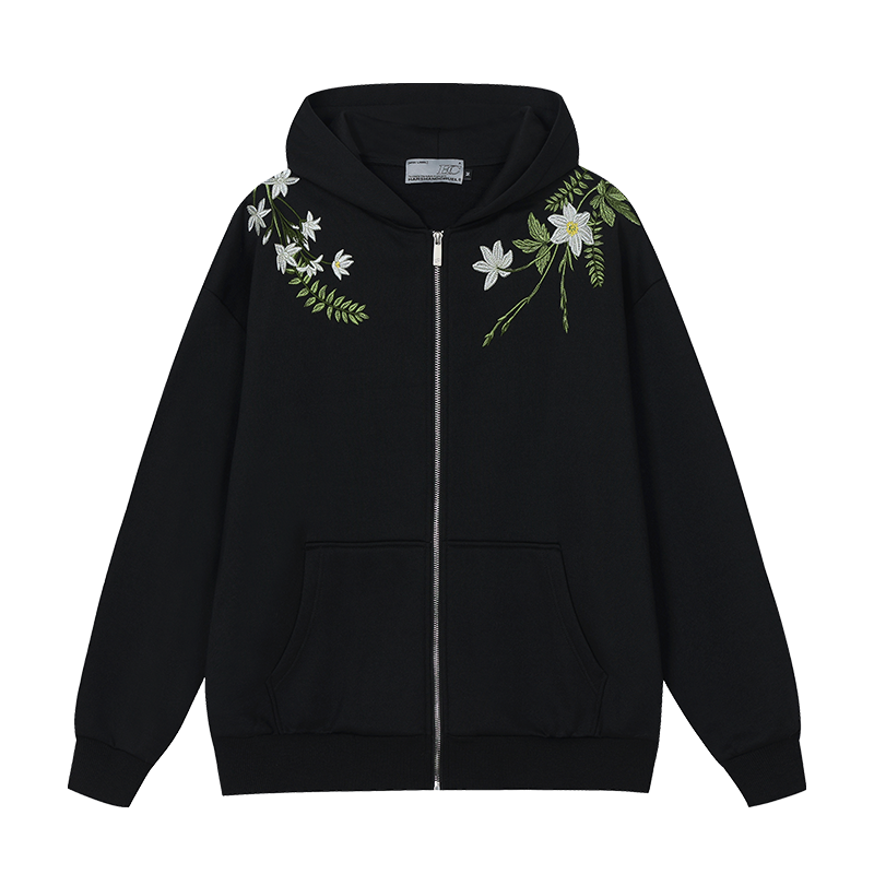 Floral Embroidered Fleece Zip Up Hoodie