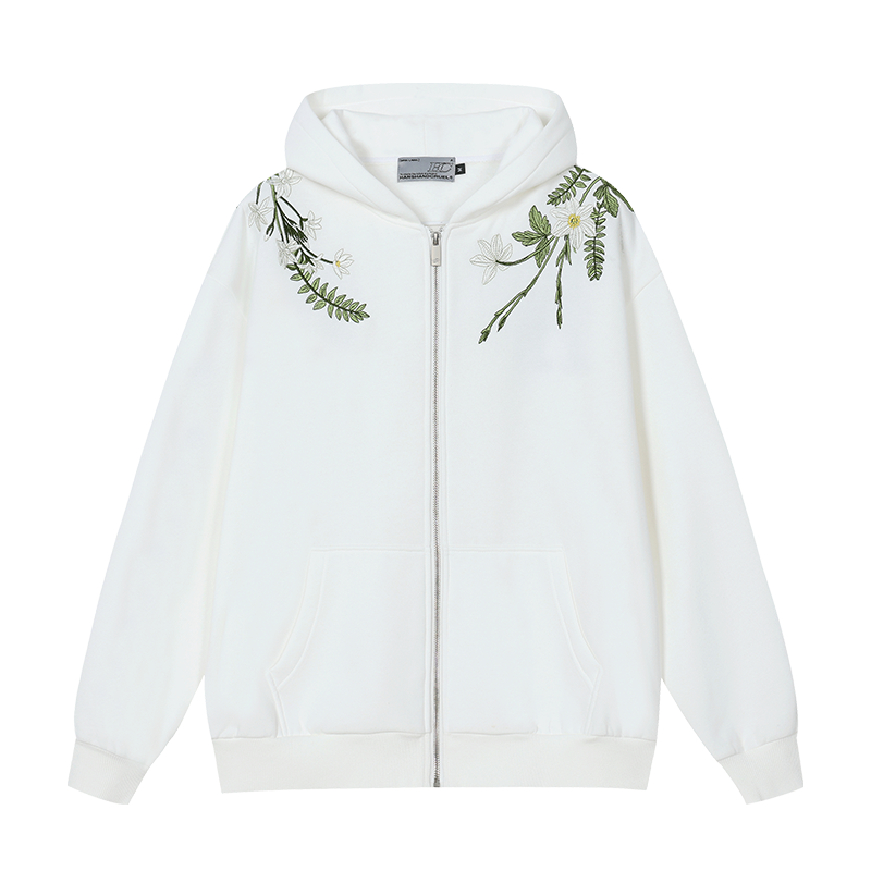 Floral Embroidered Fleece Zip Up Hoodie