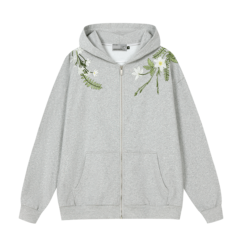 Floral Embroidered Fleece Zip Up Hoodie