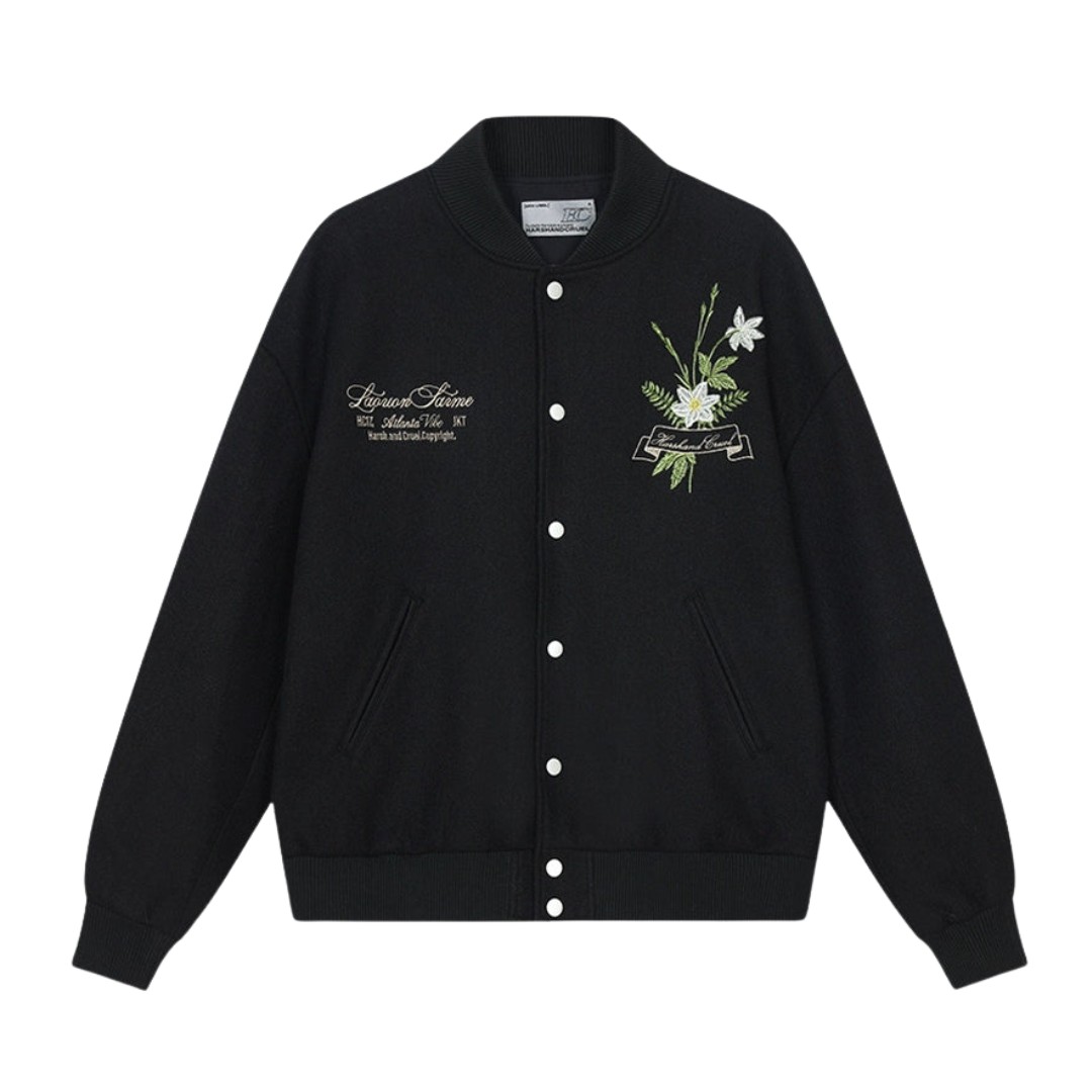 Floral Script Embroidery Varsity Jacket – Harsh and Cruel Floral Script Embroidery Varsity Jacket – Harsh and Cruel