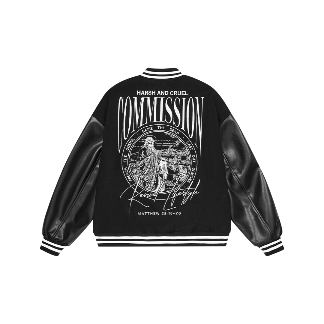 leather embroidered varsity