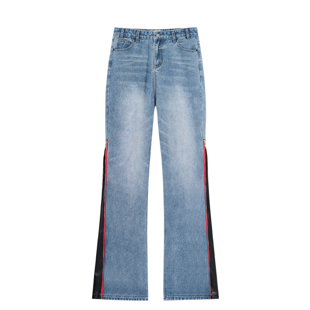 Leather Panel Flared Denim