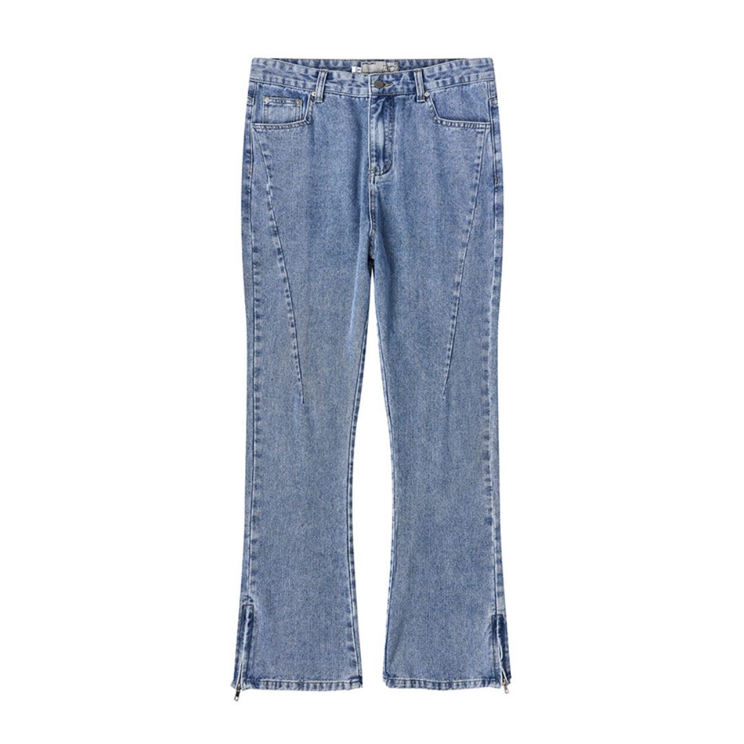 Irregular Stitched Zipper Flared Denim