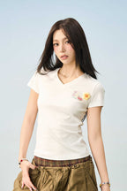 3D Yarn Flower V-Neck Tee
