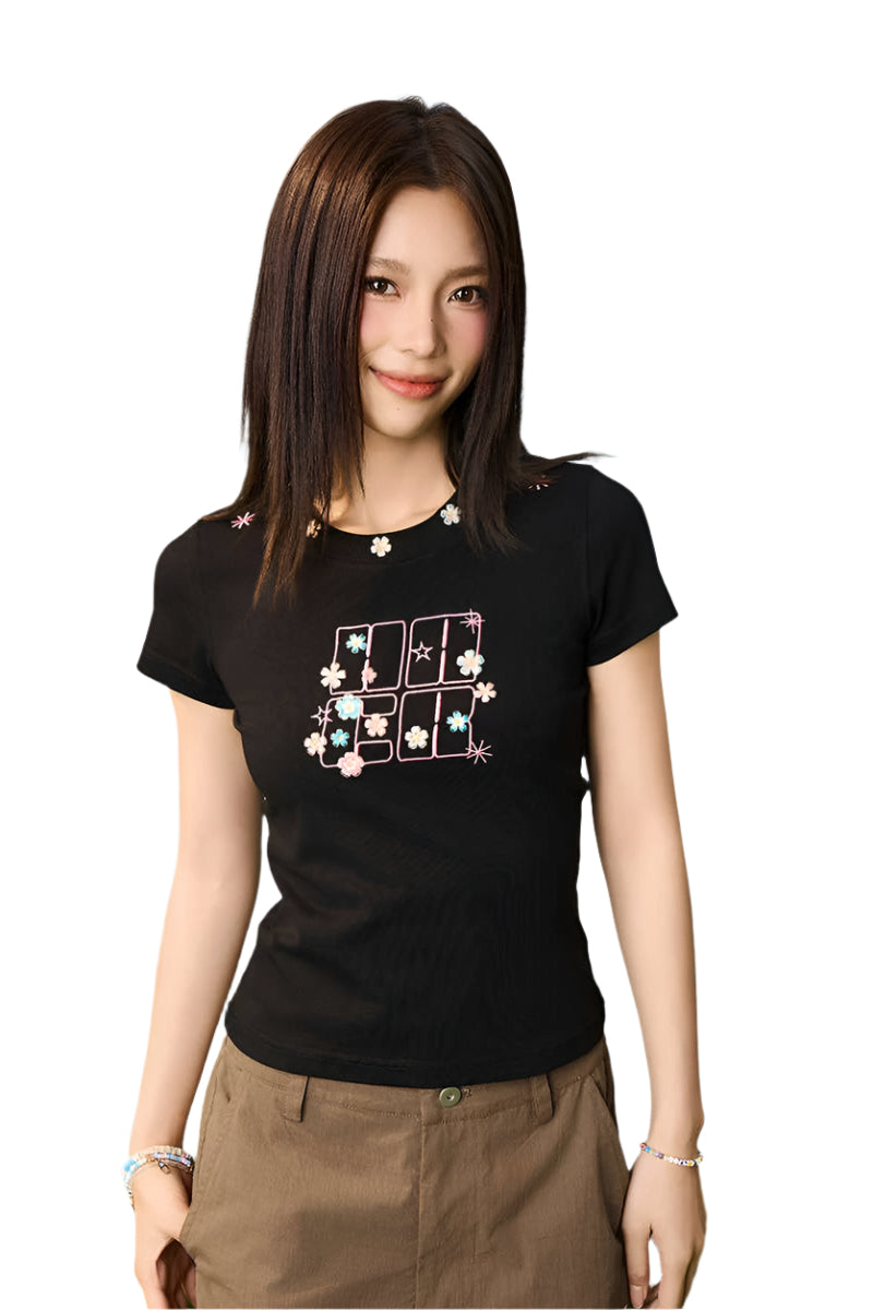 Floral Embroidered Logo Slim Tee
