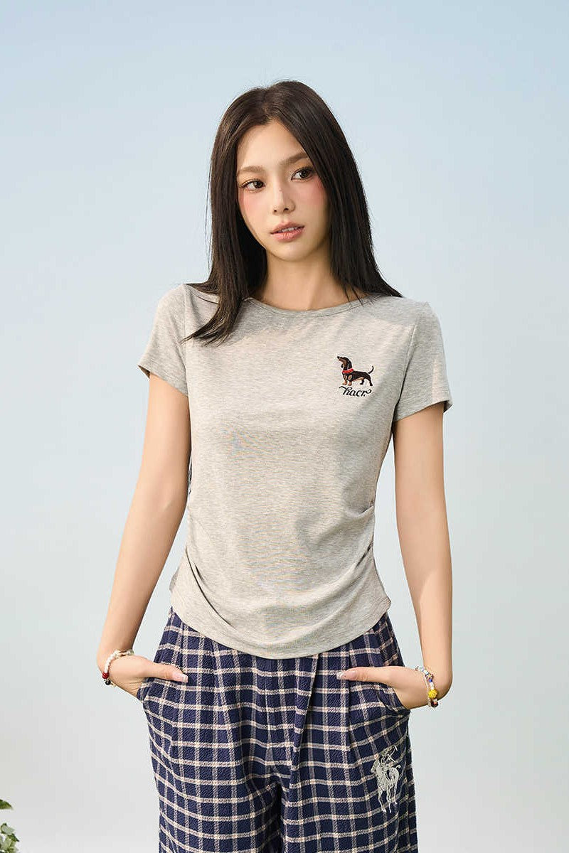 Slim Knit Dog Embroidery Tee