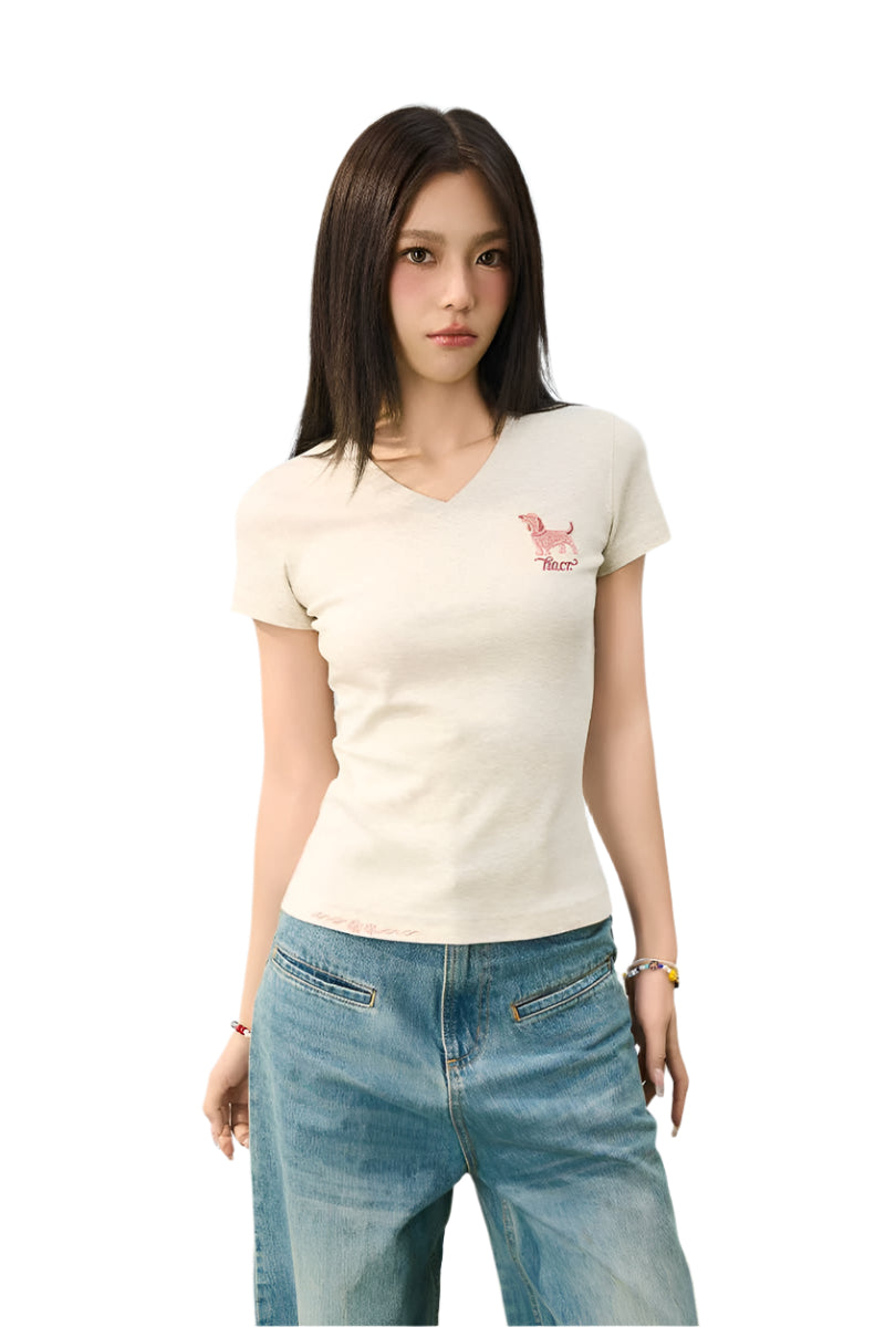 Cartoon Dog V-Neck Tee