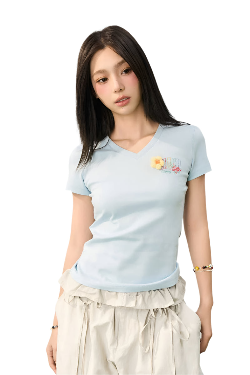 3D Yarn Flower V-Neck Tee
