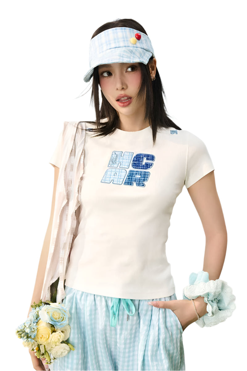 Plaid Patch Slim Crop Tee