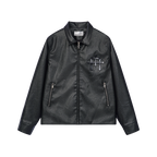 Metal Cross Logo Textured Leather Jacket