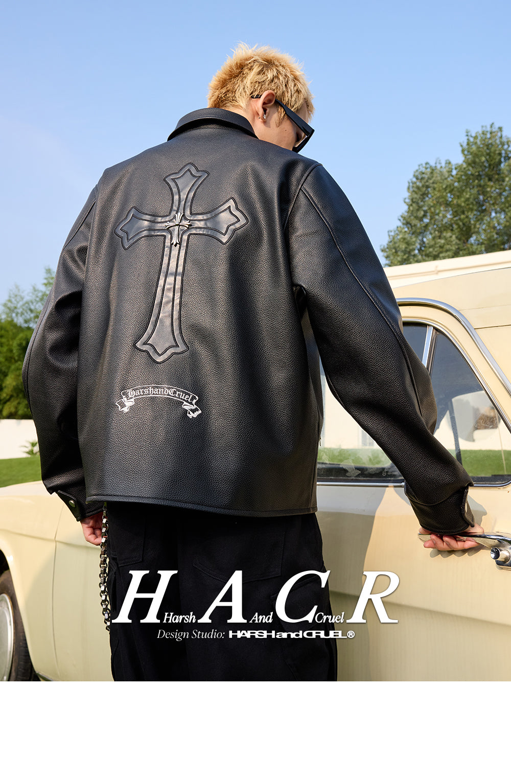 Metal Cross Logo Textured Leather Jacket – Harsh and Cruel