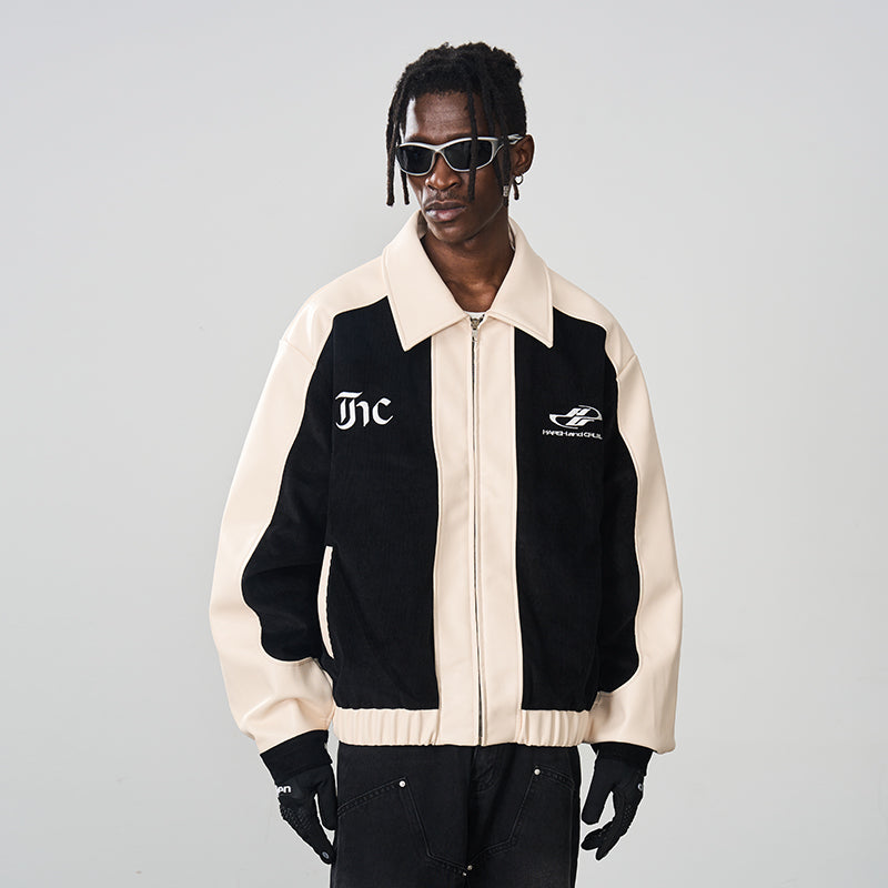 Embroidered Corduroy PU Leather Jacket