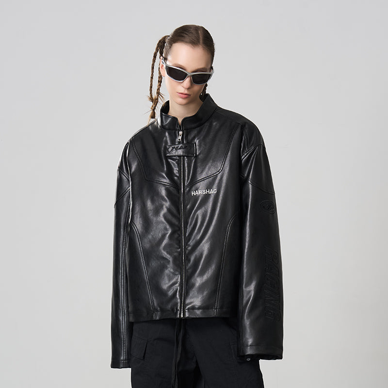 Deconstructed Stitching Embroidered Leather Jacket