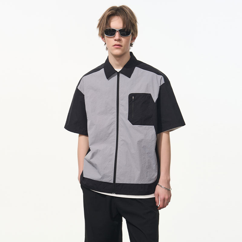 Contrast Stitching Deconstructed Zipper Shirt