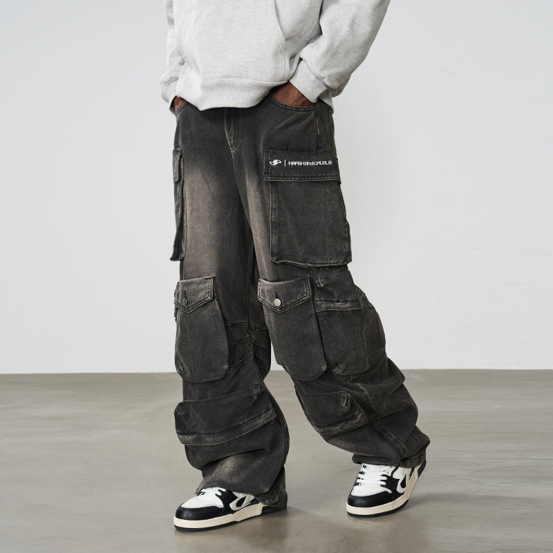 Multi Pocket Washed Baggy Denim