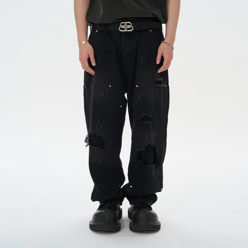 Ripped Straight Stitched Denim