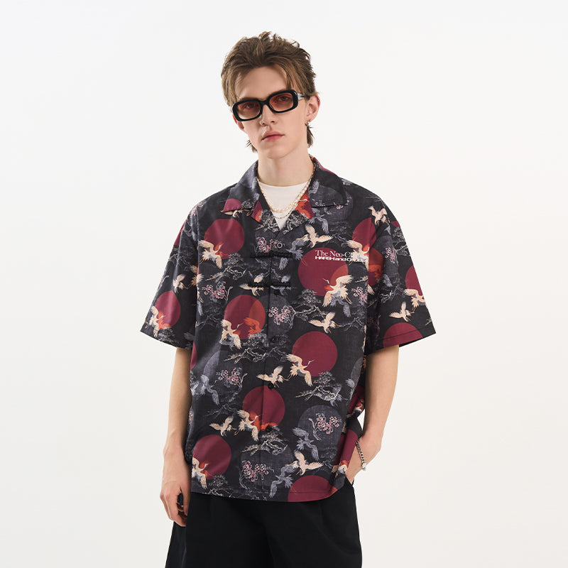 Crane Print Knots Cuban Shirt