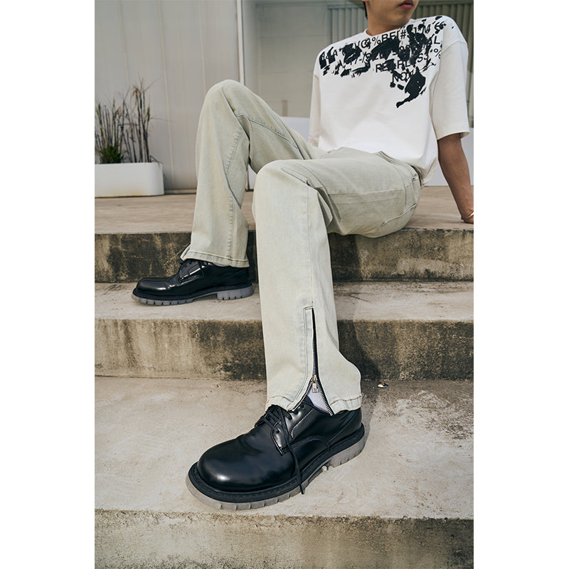 Zipper Washed Straight Denim