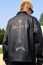 Load image into Gallery viewer, Metal Cross Logo Textured Leather Jacket
