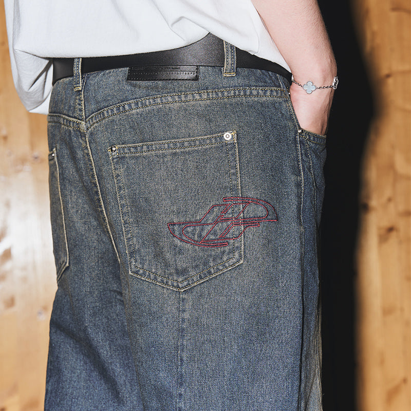 Embroidered Logo Washed Stitched Denim