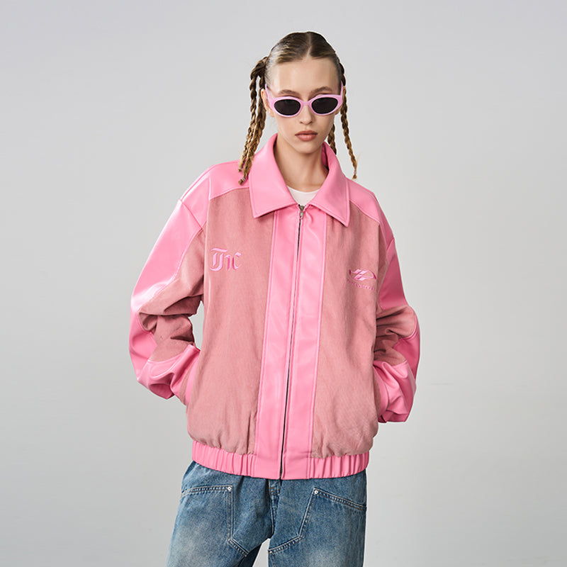 Embroidered Corduroy PU Leather Jacket