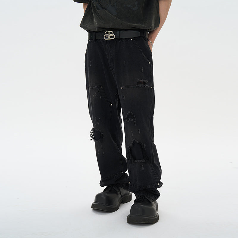 Ripped Straight Stitched Denim
