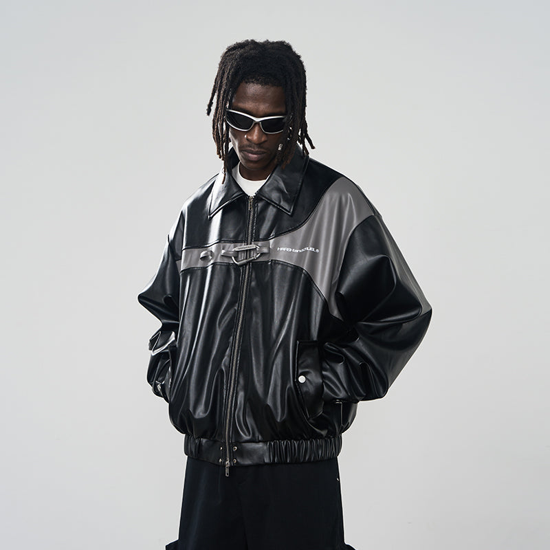 Metal Buckle Zip-Up Leather Jacket