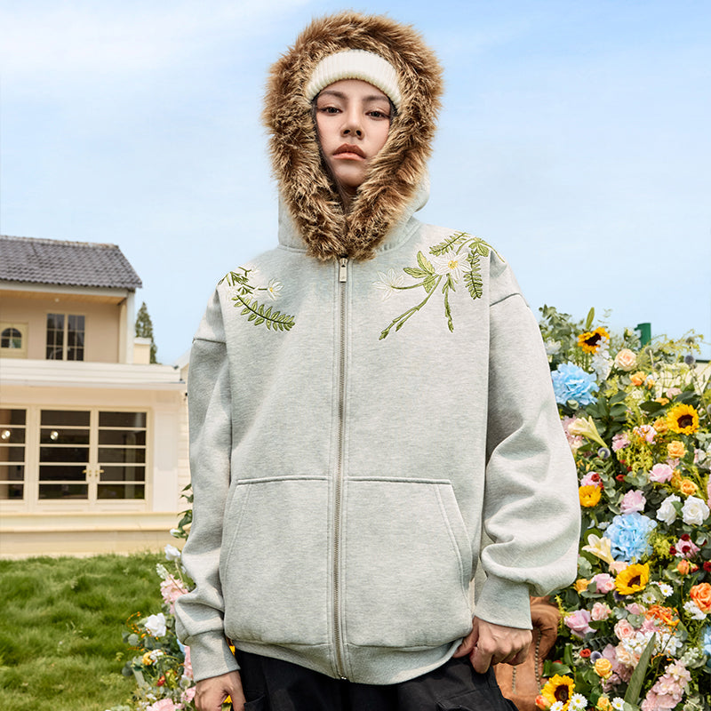 Floral Embroidery Fur Fleece Hoodie – Harsh and Cruel
