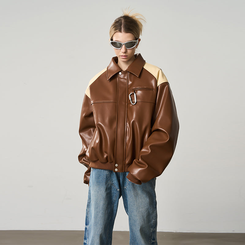 Contrasting Color Stitching Leather Jacket