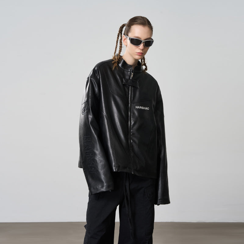Deconstructed Stitching Embroidered Leather Jacket