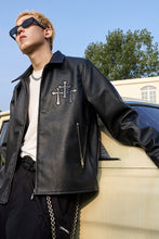 Load image into Gallery viewer, Metal Cross Logo Textured Leather Jacket
