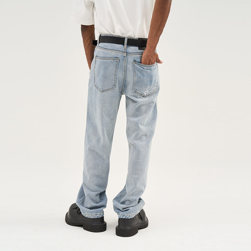 Pocket Embroidered Logo Straight Denim