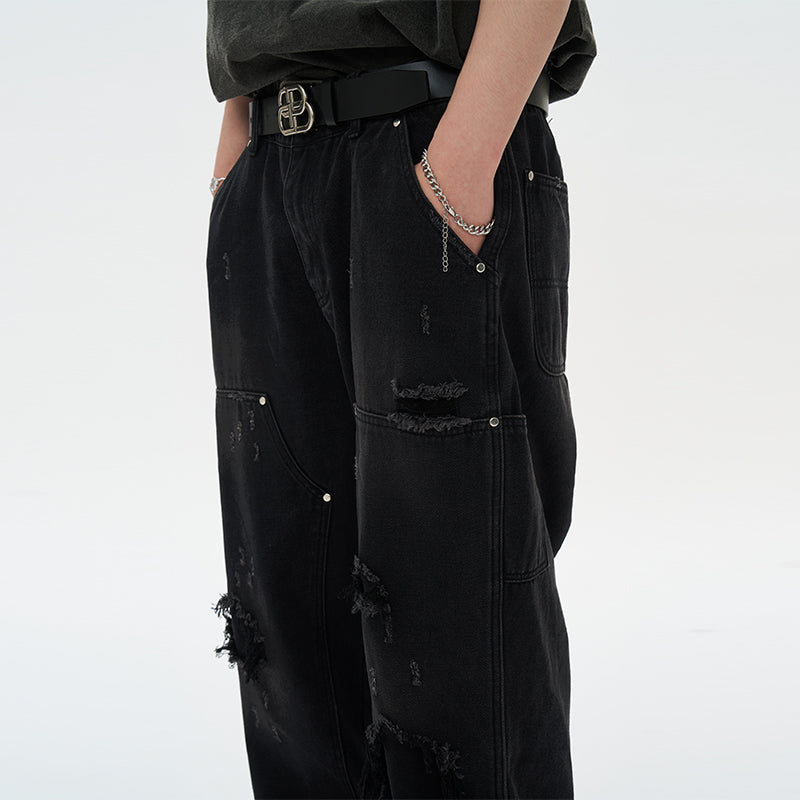 Ripped Straight Stitched Denim