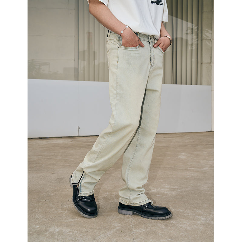 Zipper Washed Straight Denim