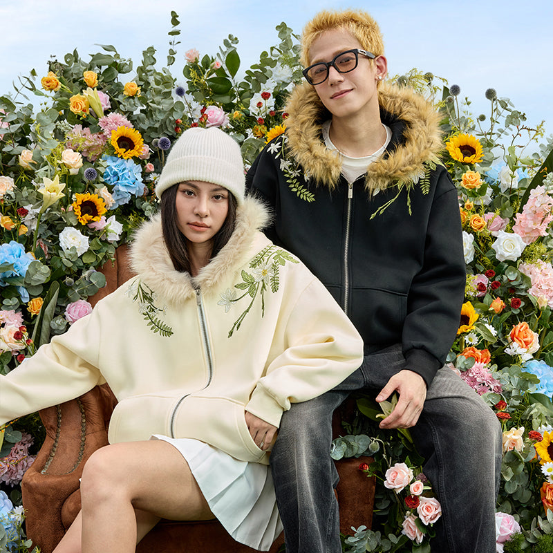 Floral Embroidery Fur Fleece Hoodie – Harsh and Cruel