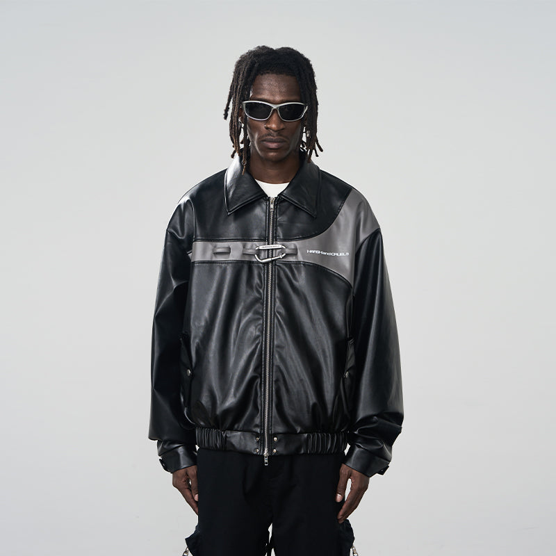 Metal Buckle Zip-Up Leather Jacket