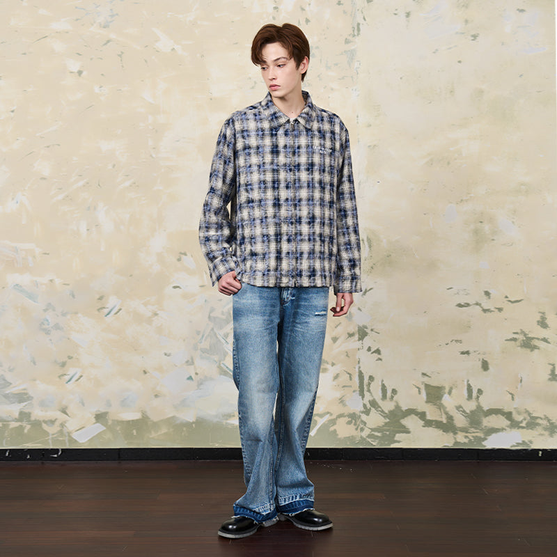 Distressed Checkered Zipper Shirt