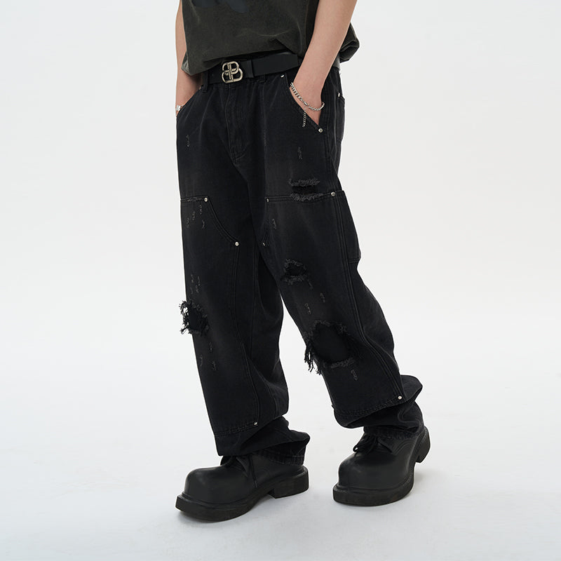 Ripped Straight Stitched Denim