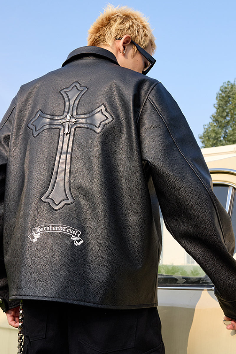 値下！新品CROSS PRERACE JACKET Lサイズ背面裏起毛タグ付 Metal Cross Logo Textured Leather Jacket – Harsh and Cruel