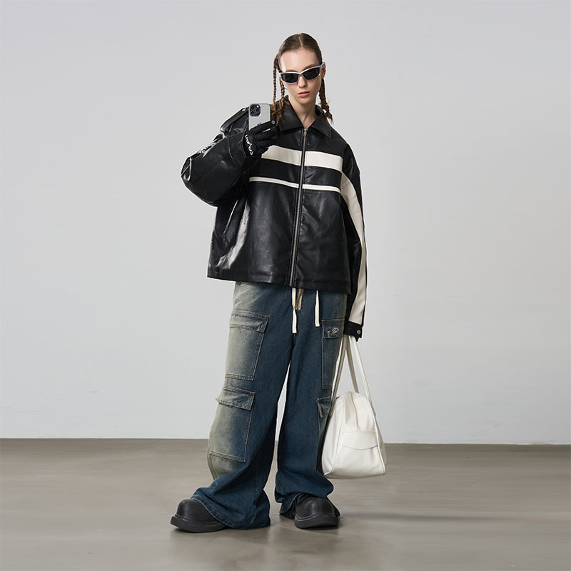 Stitching Leather Motor Jacket