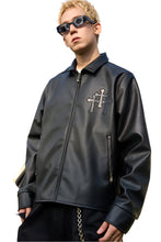 Load image into Gallery viewer, Metal Cross Logo Textured Leather Jacket
