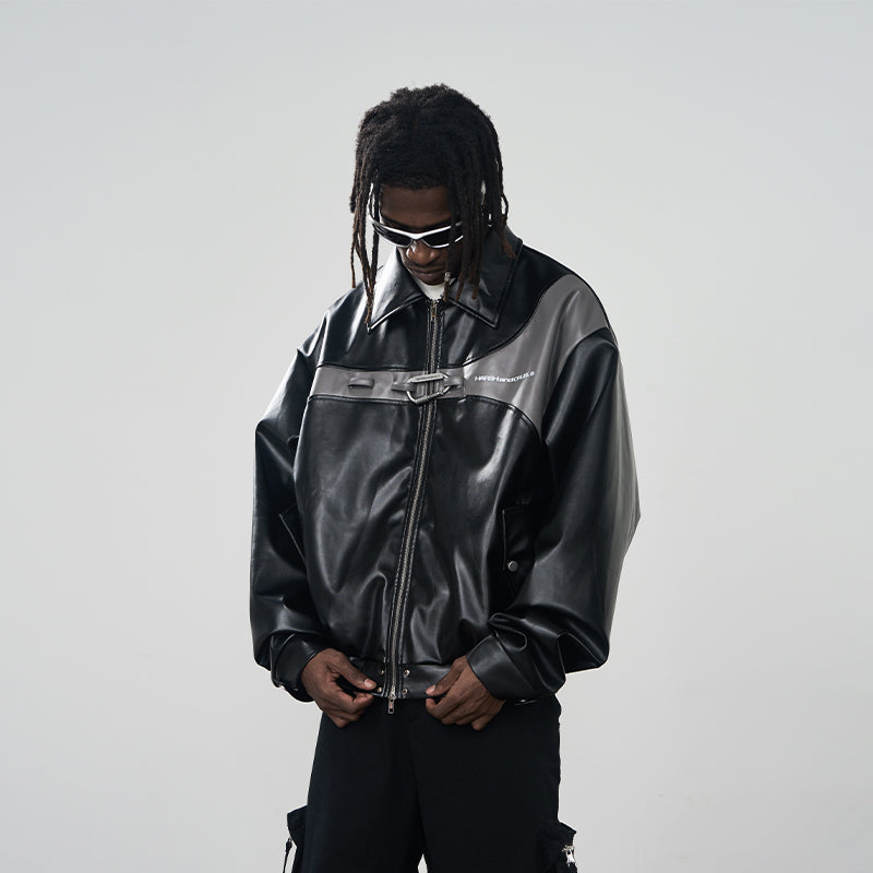Metal Buckle Zip-Up Leather Jacket