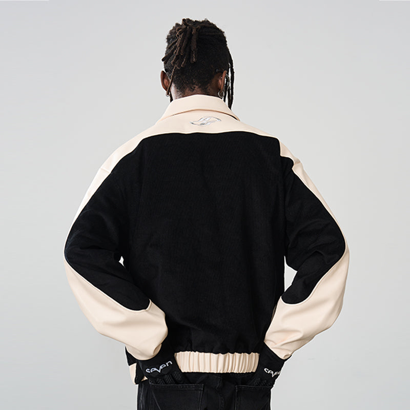 Embroidered Corduroy PU Leather Jacket