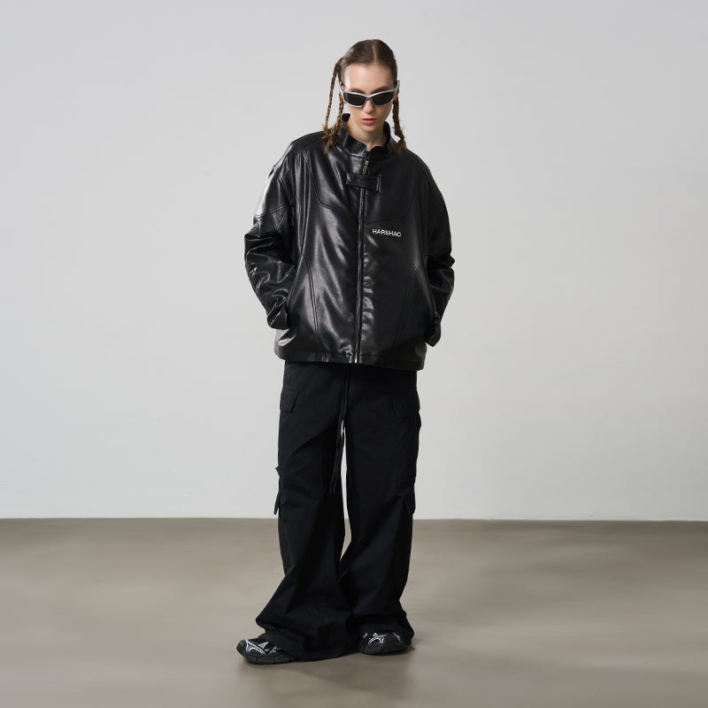Deconstructed Stitching Embroidered Leather Jacket