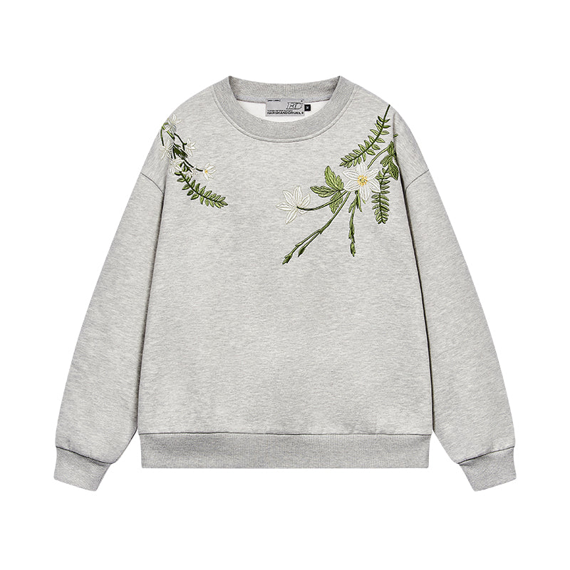 Floral Embroidery Fleece Crewneck Sweatshirt