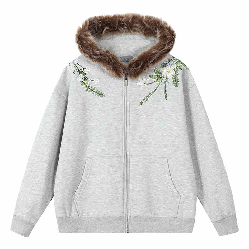 Floral Embroidery Fur Fleece Hoodie – Harsh and Cruel
