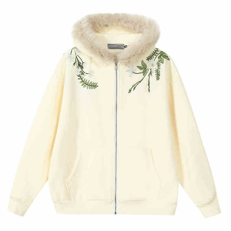 Floral Embroidery Fur Fleece Hoodie – Harsh and Cruel