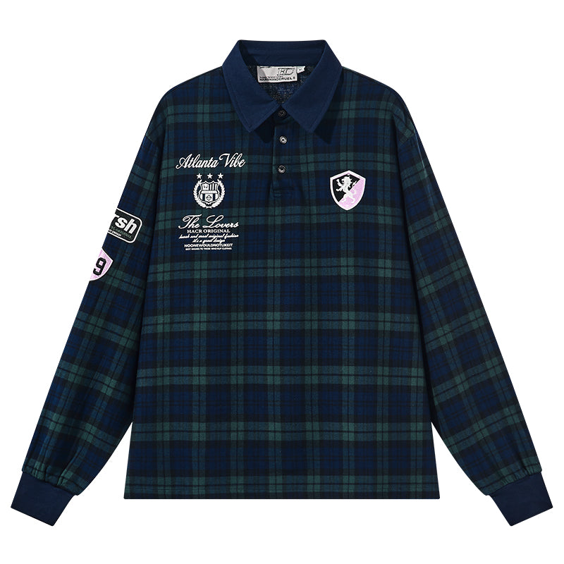 Brushed Plaid Embroidered Polo Shirt