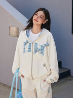 Embroidered Plaid Zip Hoodie