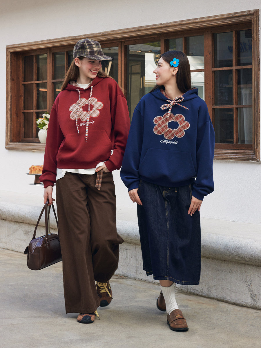 Flower Plaid Embroidered Hoodie